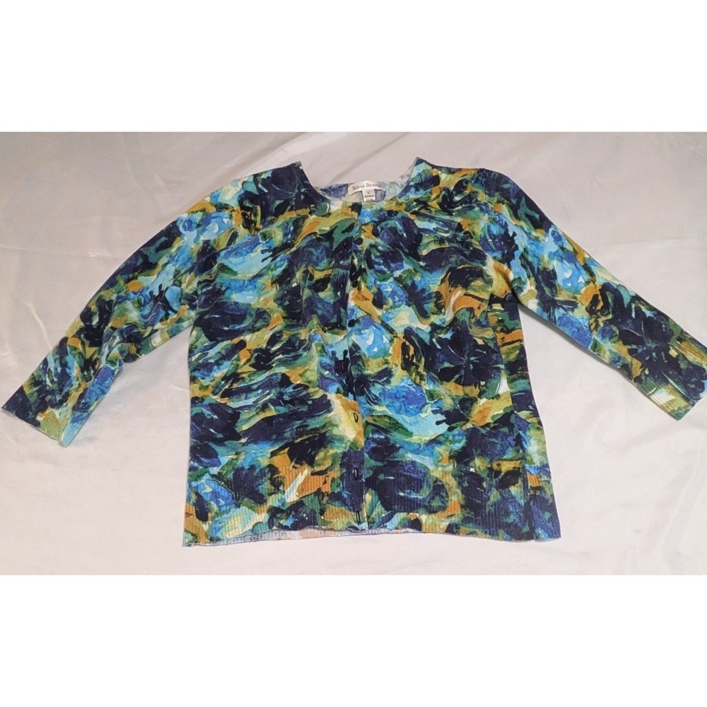 Susan Bristol Cardigan Womens XL  Abstract Floral Cotton Blend Excellent
